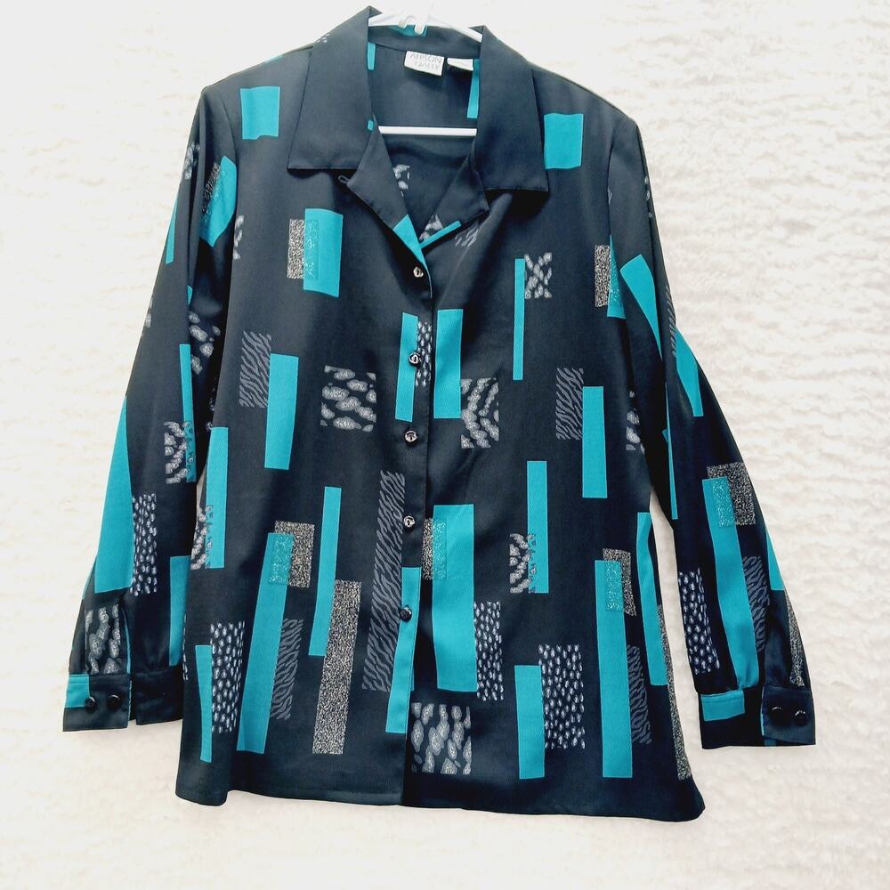 Blouse Button-Up Long Sleeve Black Teal Office Chic Business Geometric Size 14